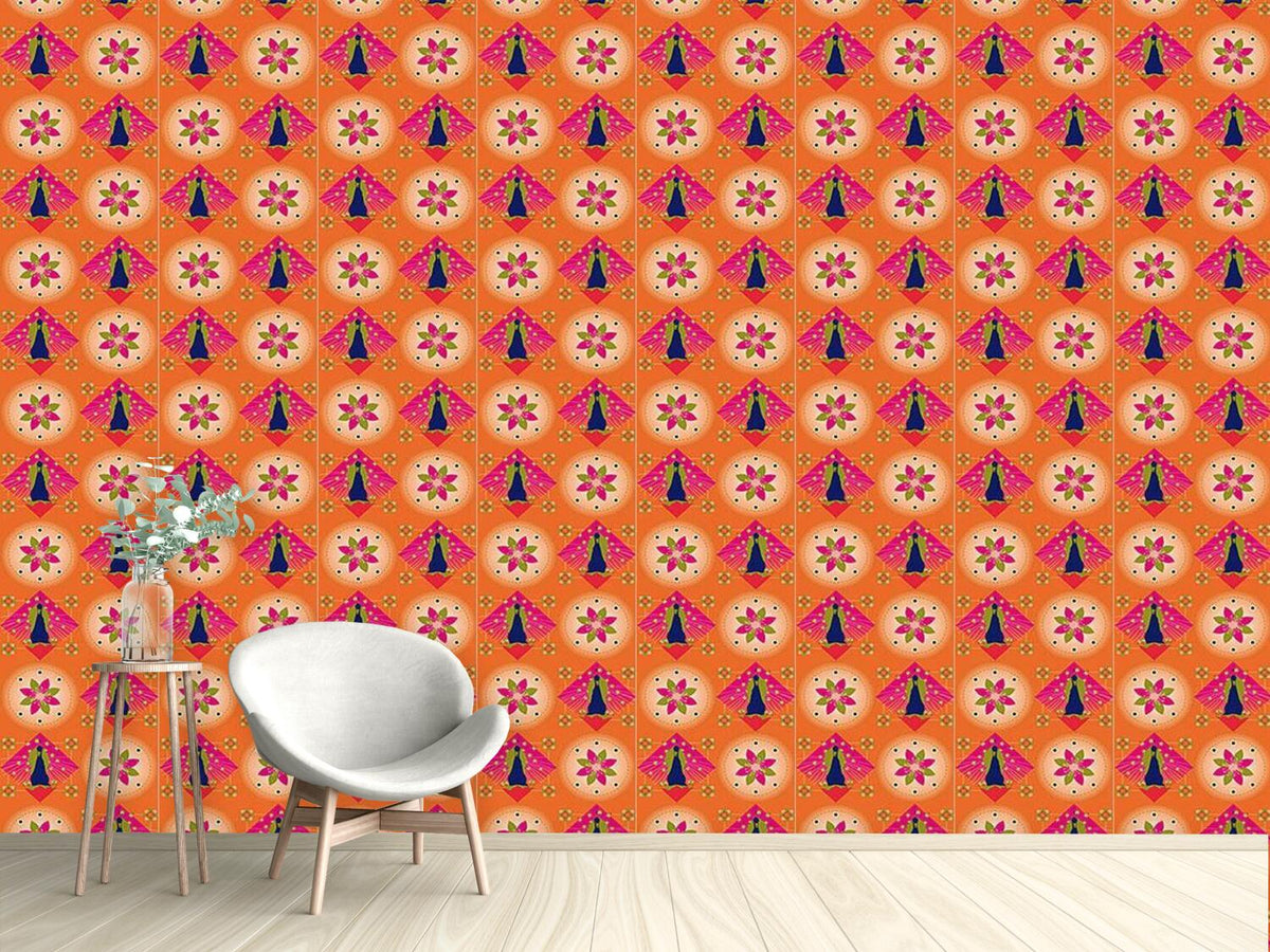 patterned-wallpaper-peacock-and-blossoms-orange